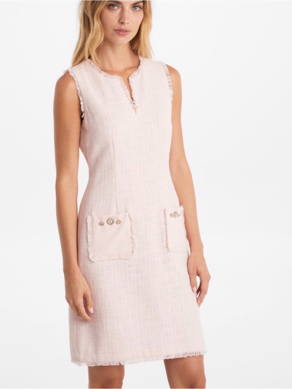 Karl Lagerfeld Paris sleeveless blush pink tweed sheath dress frayed edges Sz 14
